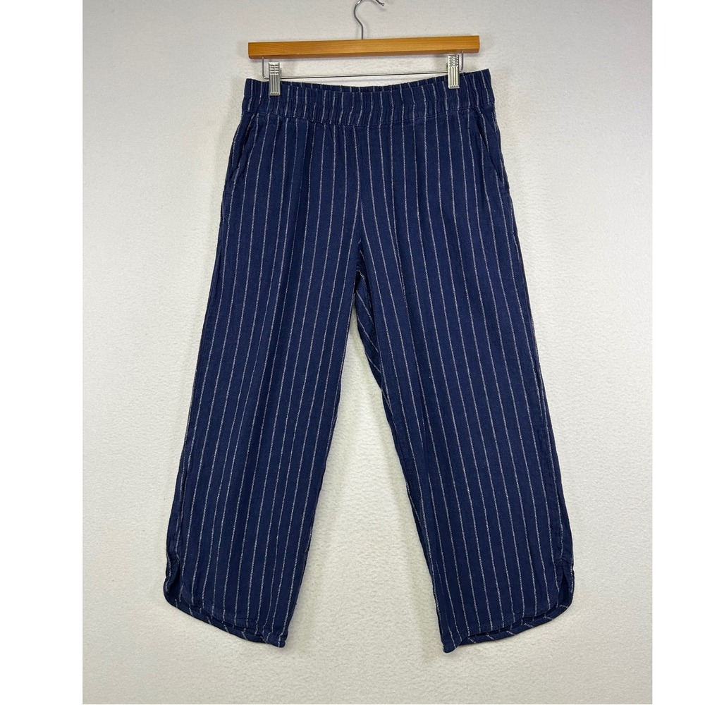Coastal dip Women S Blue Pinstripe‎ Linen Blend Elastic Waist Relaxed Pants